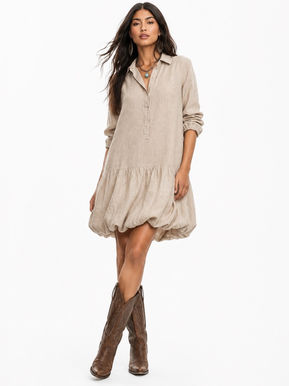 Cynthia Rowley Large Linen Blend Shirt Dress Beige Drop Waist Lagenlook NWT